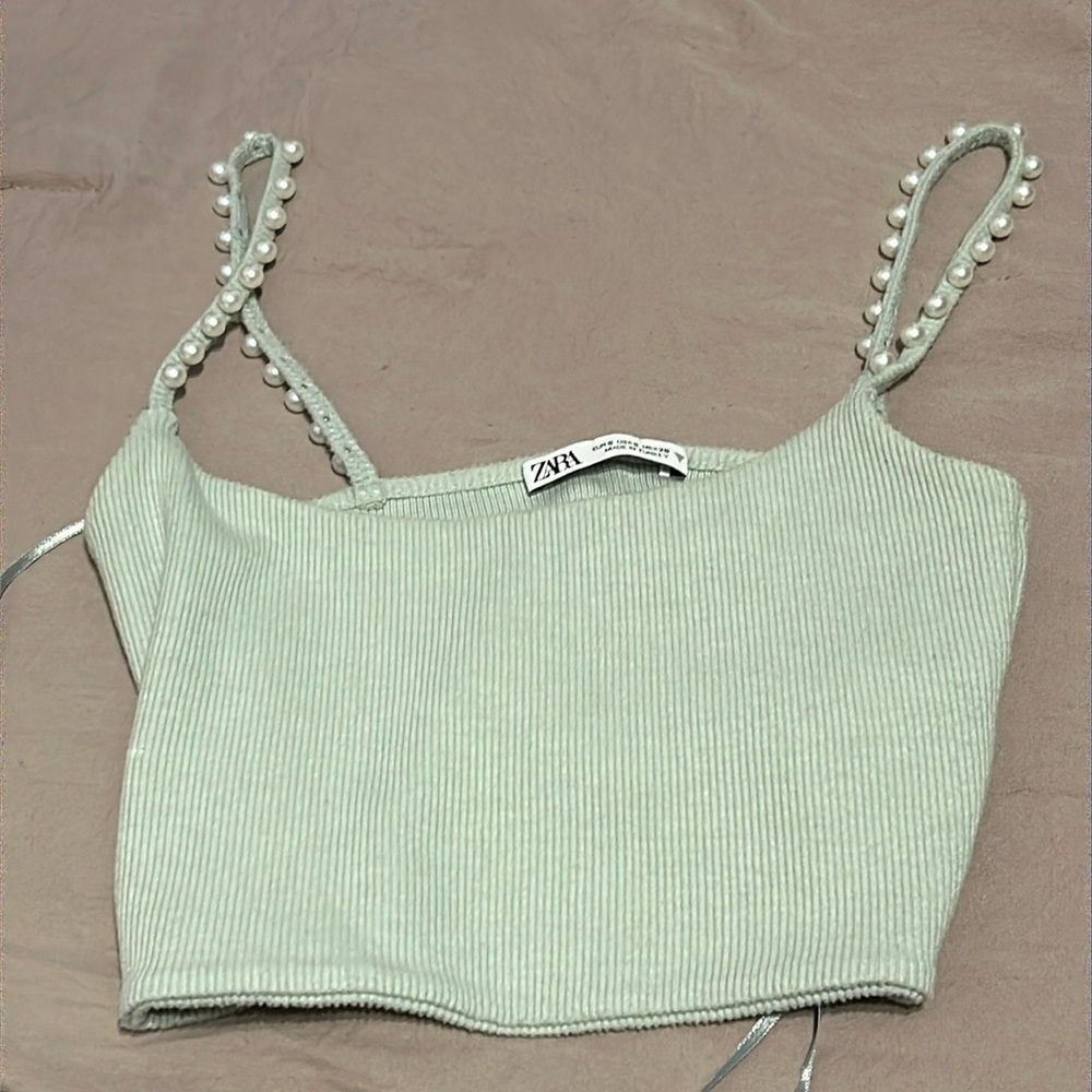Zara Blue Green Crop Top with Pearl Details